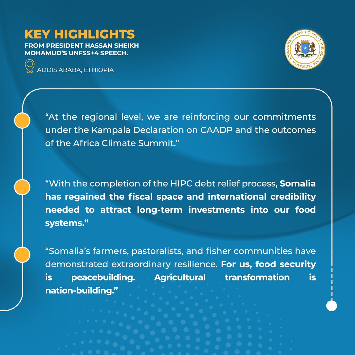 Key highlights from H.E. President <a href="/HassanSMohamud/">Hassan Sheikh Mohamud</a>’s speech at the Second UN Food Systems Summit in Addis Ababa, Ethiopia.