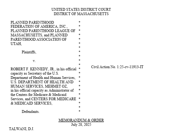 Wow. Judge Talwani doubles down: Injunction entered against law defunding Planned Parenthood--on First Amendment *and* Bill of Attainder grounds. Interested to see if the First Circuit has it in them to rein in what appears to me to be a likely unlawful preliminary injunction!