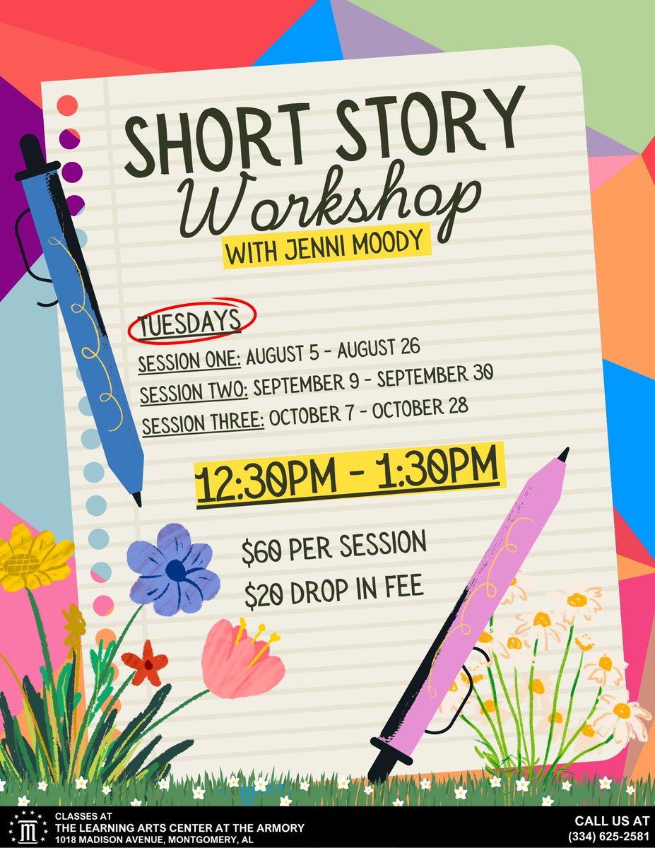 montgcitypandr's tweet image. The Learning Arts Center at The Armory is hosting its very own Short Story Workshop. Writing can be very therapeutic and is an excellent way to get creative! 

For more information, please call 334-625-2581.

#mymgm #funinmgm #LearningArtsCenter