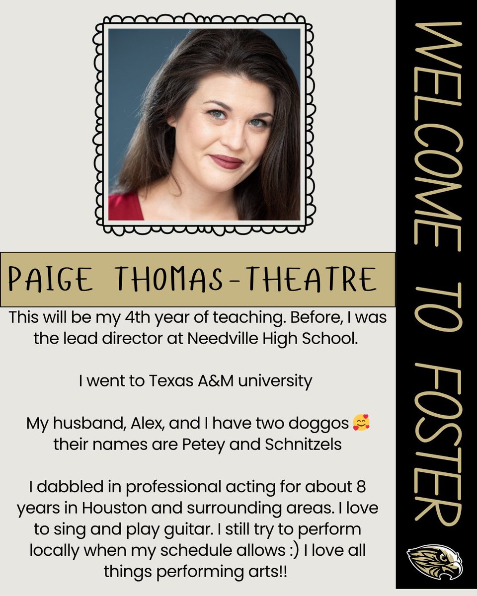 FosterHSNews's tweet image. Please help us welcome Paige Thomas to the Nest! She will be joining Fine Arts!