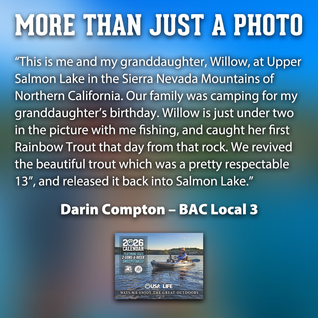 It doesn't get much better than this for Darin Compton of BAC Local 3. 

Order 2026 USA Calendars now to see more ways union members enjoy the great outdoors! 👉 bit.ly/3TzGdJ2