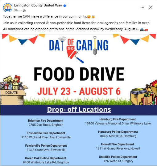 GREAT CAUSE ALERT: Canned and non-perishable food items are being collected for local agencies as part of the Livingston County United Way's Day of Caring 2025.
Let's all pitch in to help our neighbors in need!
