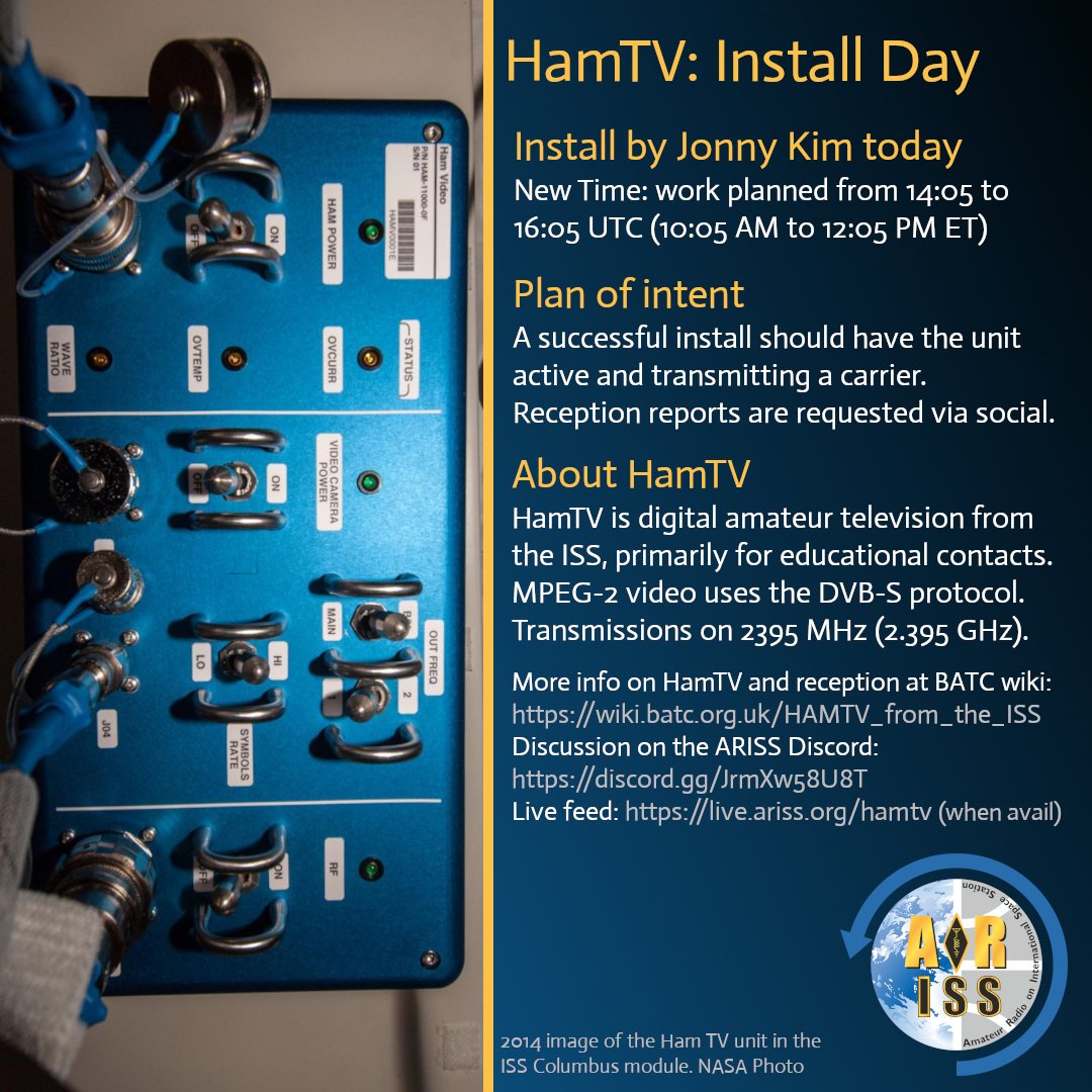 ARISS_Intl's tweet image. In a few hours @JonnyKimUSA is scheduled to install the HamTV unit in the ISS Columbus Module.
When active, HamTV will transmit video on 2.395 GHz.
Reception reports are requested here on social!