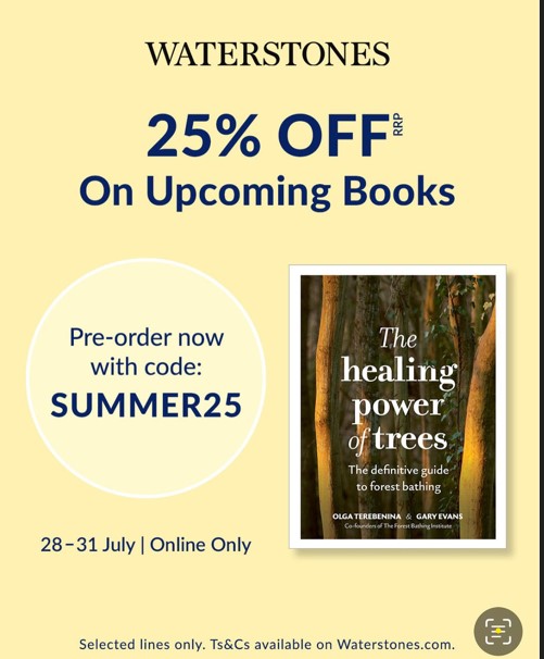 The Forest Bathing Institute (@tfb_institute) on Twitter photo <a href="/TFB_Institute/">The Forest Bathing Institute</a> can announce that #Waterstones are offering 25% off our new book 'The Healing Power of Trees'. The discounted offer will run until 23.59 on Thursday 31st July 2025 use Summer25 for the offer. Available on the Waterstones app and website🌳 zurl.co/ScIvI <a href="/TFB_Institute/">The Forest Bathing Institute</a> can announce that #Waterstones are offering 25% off our new book 'The Healing Power of Trees'. The discounted offer will run until 23.59 on Thursday 31st July 2025 use Summer25 for the offer. Available on the Waterstones app and website🌳 zurl.co/ScIvI