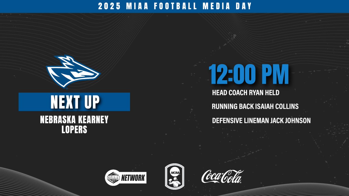 TheMIAA's tweet image. 𝐍𝐄𝐗𝐓 𝐔𝐏: All the way from Kearney, Nebraska, the Lopers are next to take the stage at MIAA Football Media Day.

Representing @UNK_Football is Head Coach Ryan Held with players Isaiah Collins and Jack Johnson. 

Watch the Lopers&apos; presser live on TheMIAANetwork.com/MIAA!