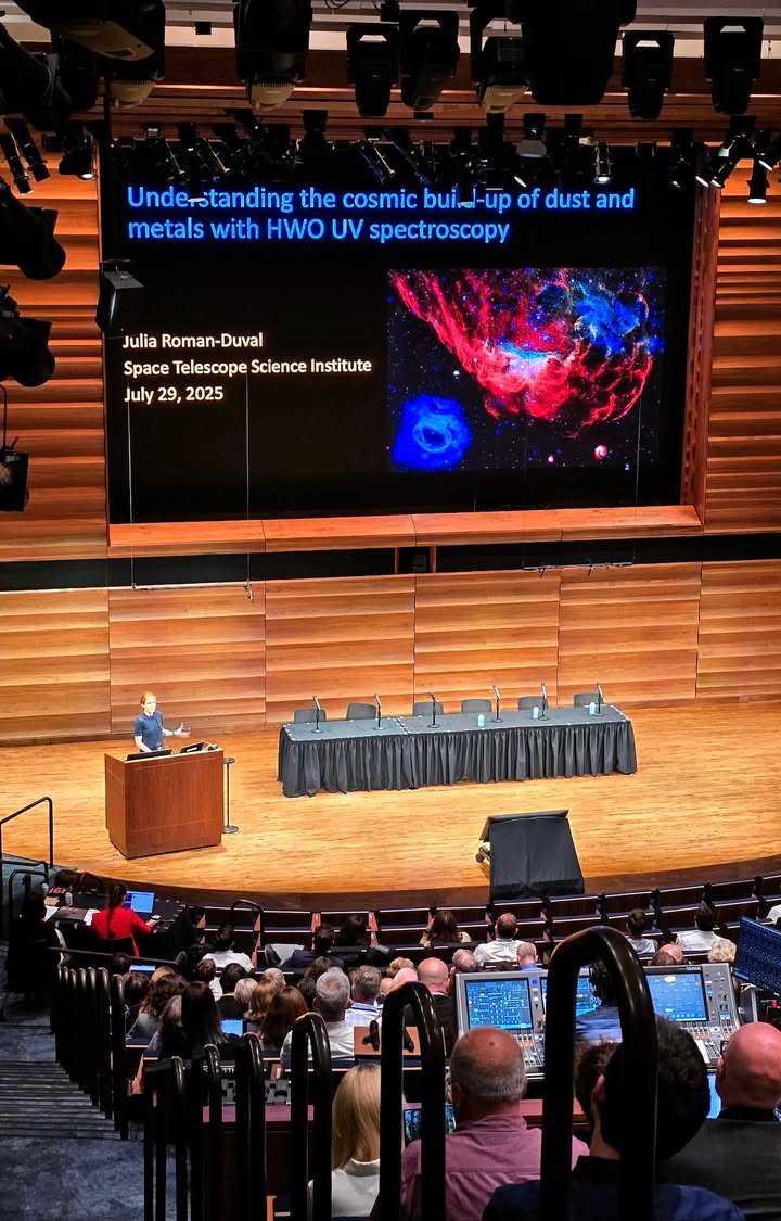 SpaceTelescope's tweet image. Dr. Julia Roman-Duval delivers a talk on how the Habitable Worlds Observatory&apos;s anticipated ultraviolet capabilities will help astronomers understand the cosmic build-up of dust in the universe. Dr. Roman-Duval is the Hubble mission office head at STScI in Baltimore. #HWO2025