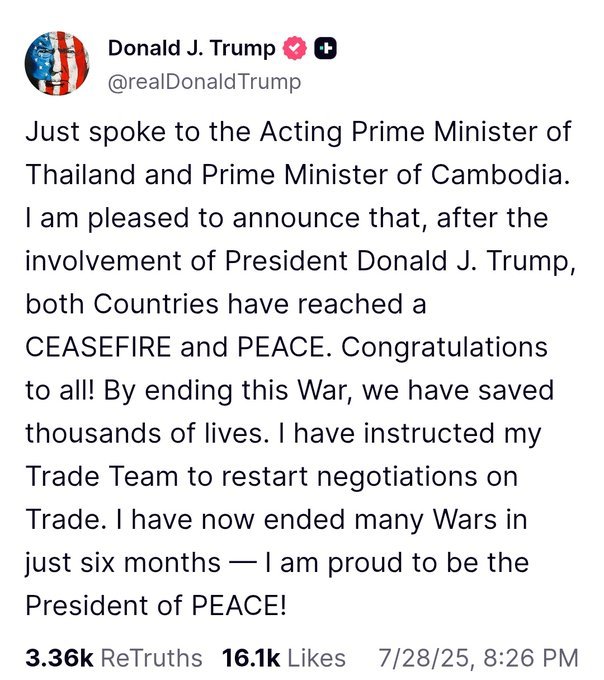 Donald Trump Desperately Seeks Nobel Peace Prize 😭
This time he stopped world war 69 🥱
Thailand vs Cambodia
