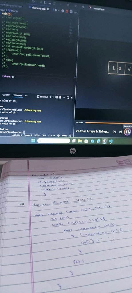 Nancy09092004's tweet image. Day 19 of #100DaysOfDSA
✅Conquered Character Arrays &amp;amp; Strings today. 💪
✅ From ASCII values and null characters to reversing strings and palindrome checks, it was a solid session. ✅
✅ Learned some neat built-in functions too! 🚀
 Feeling the progress! ✨ #DSAJourney #Strings