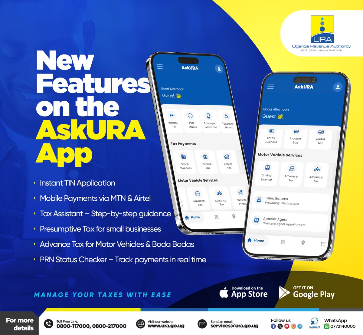URAuganda's tweet image. 🚨 It's here! The NEW #AskURA app just dropped.
🔹 Faster.
🔹 Sleeker.
🔹 Packed with powerful new features.
Tax compliance is being made much much easier!
Download the app now available via the Google Play Store or App Store.
#FfeBanno