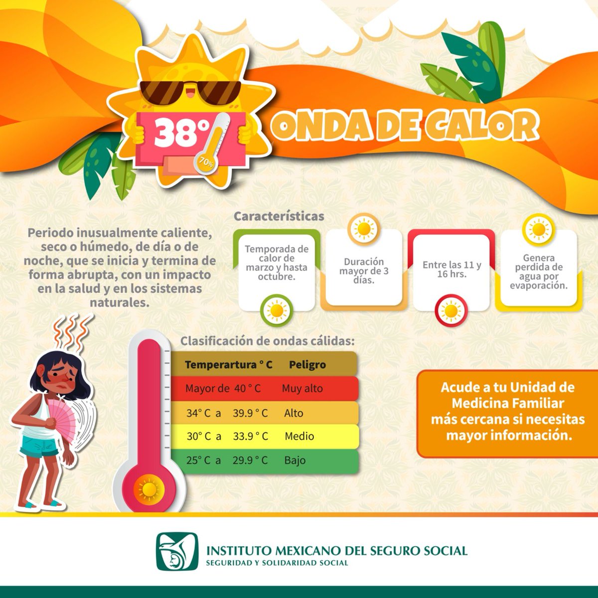 Onda de calor 🥵 | Periodo inusualmente caliente, seco o húmedo, de día o de noche, que se inicia y termina de forma abrupta.

☀️ Te compartimos sus características, efectos en la población y prevención.