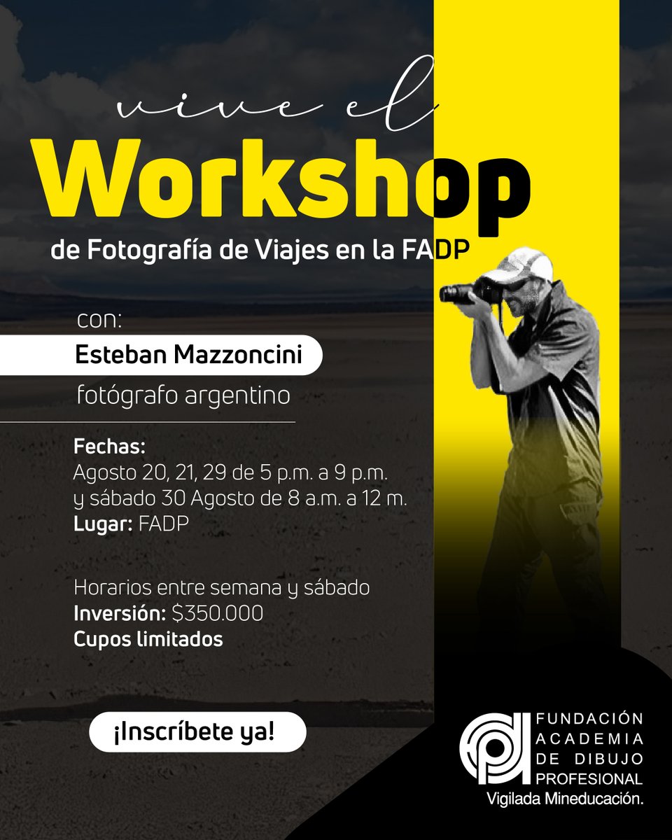 FadpCali's tweet photo. 📸 ¡Workshop de Fotografía en Cali con Esteban Mazzoncini!
Aprendé a contar historias con tu celular: luz natural, composición, retrato y más.
🗓️ 20, 21, 29 y 30 de agosto en la FADP.
📲 Info: 3162475469
🔗 Inscripciones abiertas. https://t.co/VdIBh53zda