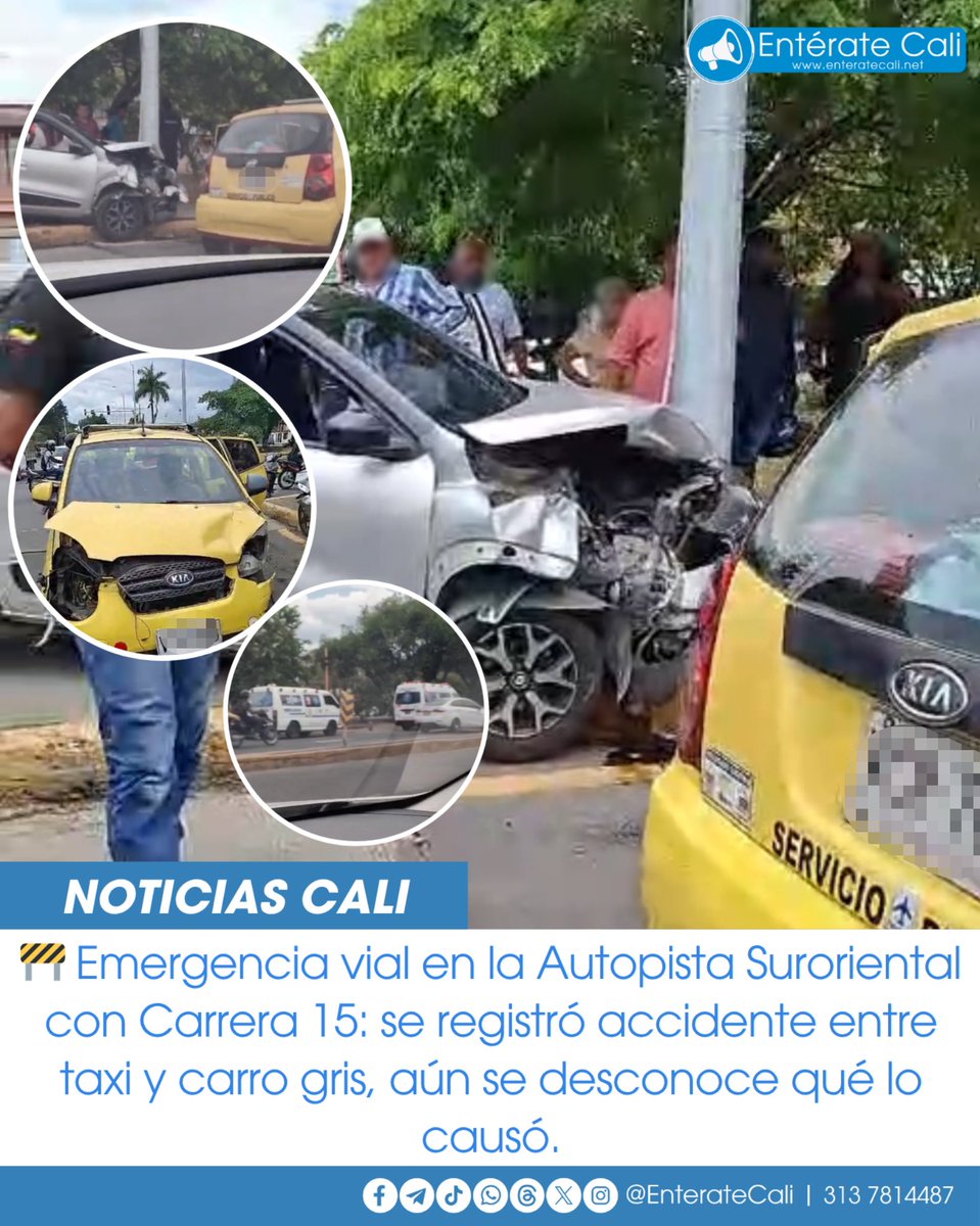 EnterateCali's tweet image. 🚧 Accidente de tránsito en la Autopista Suroriental
Se presentó un siniestro vial en el sector de la Autopista Suroriental con Carrera 15, sentido hacia el sur. En el hecho se vieron involucrados un vehículo particular color gris y un taxi. 🚗🚕🛑
Al lugar acudieron…