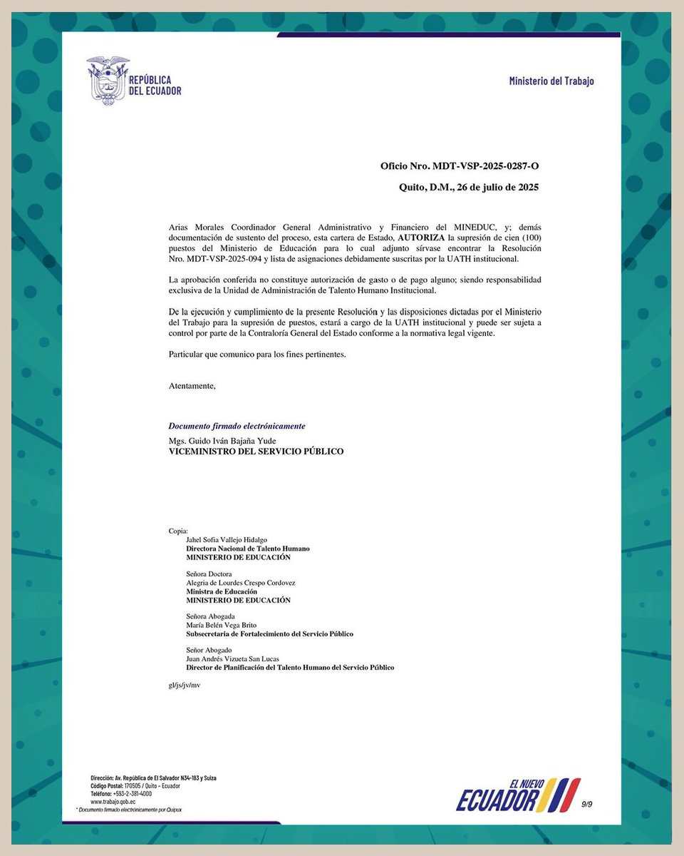 Llamingo.Ec (@llamingoe) on Twitter photo #URGENTE | El “reordenamiento” dejó a 100 sin chamba
La <a href="/UNENACIONAL/">UNE NACIONAL</a> denuncia que <a href="/Educacion_Ec/">Ministerio de Educación del Ecuador</a> inició despidos de 100 trabajadores, 8 con nombramiento permanente. Nada de evaluaciones ni notificaciones: solo caja, desempleo y silencio.
¿Esto era reestructuración o recorte a lo #URGENTE | El “reordenamiento” dejó a 100 sin chamba
La <a href="/UNENACIONAL/">UNE NACIONAL</a> denuncia que <a href="/Educacion_Ec/">Ministerio de Educación del Ecuador</a> inició despidos de 100 trabajadores, 8 con nombramiento permanente. Nada de evaluaciones ni notificaciones: solo caja, desempleo y silencio.
¿Esto era reestructuración o recorte a lo