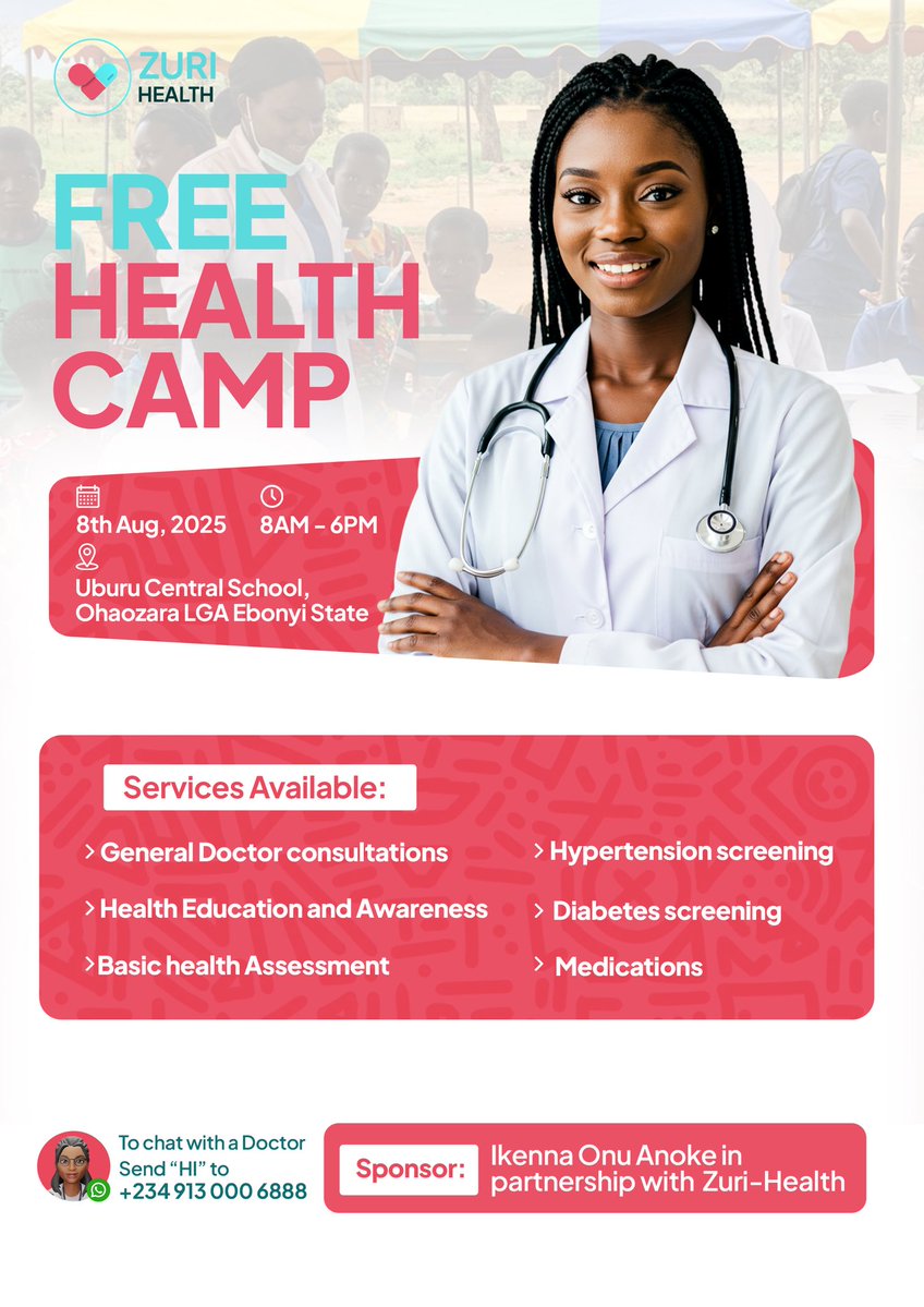 If you are in Okposi and Uburu, don’t forget to join us for these two medical outreaches on the 7th and 8th of August 

Courtesy of <a href="/nnannaenyi/">Nnanna</a> <a href="/Iyke/">Iyke</a> in partnership with <a href="/ZuriHealth/">Zuri Health</a> 

Kindly share widely