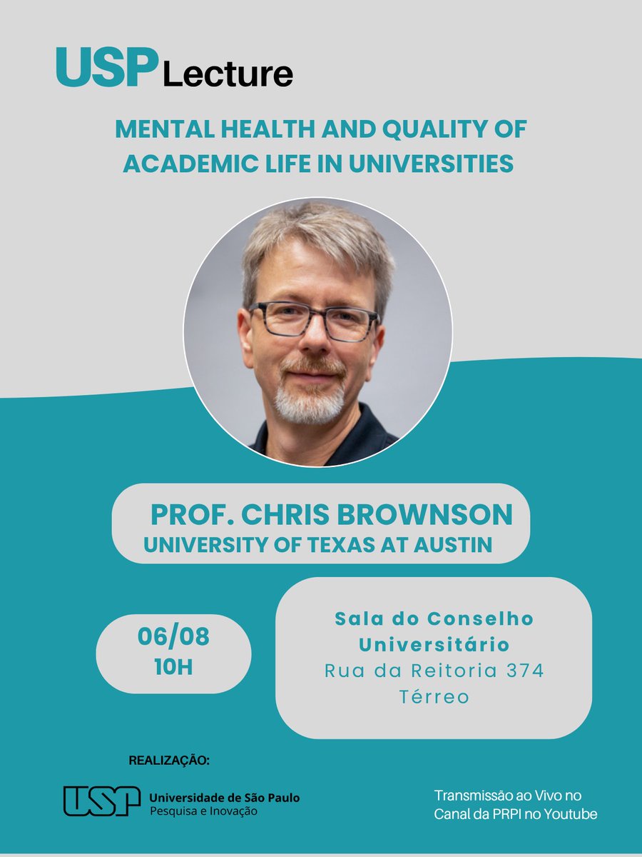 A próxima edição do USP Lecture será no dia 06 de agosto, com o Professor da University of Texas at Austin, Chris Brownson. O tema da palestra é "Mental Health and Quality of Academic Life in Universities". O evento ocorrerá na Sala do Conselho Universitárioe com transmissão