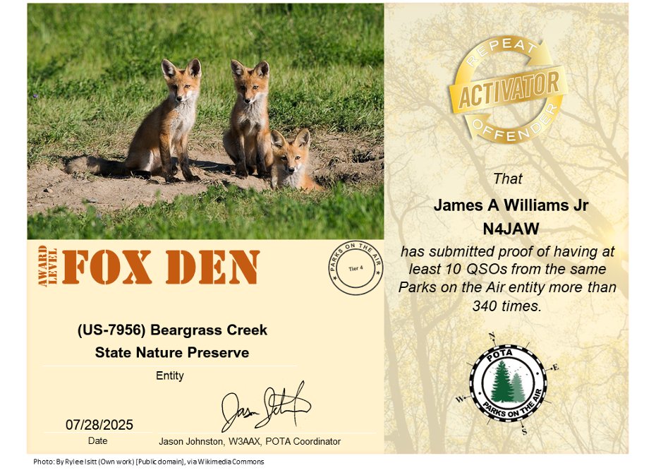 N4JAW's tweet image. Finally peeking my head out of the #POTA #parksontheair "Fox Den", I'd like to thank all the hunters, activators and the selfless people of @POTAspots for allowing this "Sly Fox" to achieve this feat. #AmateurRadio #HamRadio "The Hobby of many Hobbies"