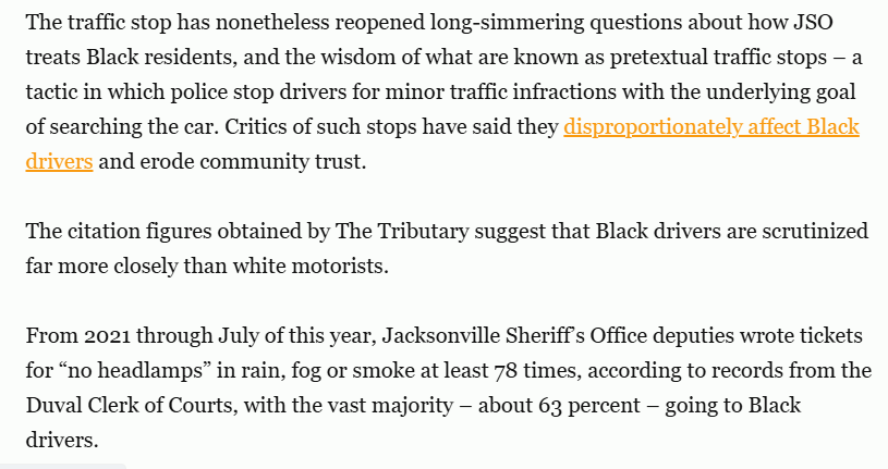 NateM_Tributary's tweet photo. New from @TheJaxTrib| After the video of William McNeil's Jr.'s traffic stop went viral last week, we pulled more than three years of traffic-stop data. Getting ticketed for no headlights in the rain is exceedingly rare in Jacksonville - but less so if you're Black like McNeil. https://t.co/v8e76fBxI8