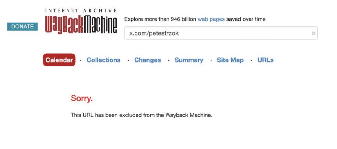 BREAKING - All archived posts of former FBI agent Peter Strzok, who helped lead the Trump-Russia hoax, have been removed from the Wayback Machine.
