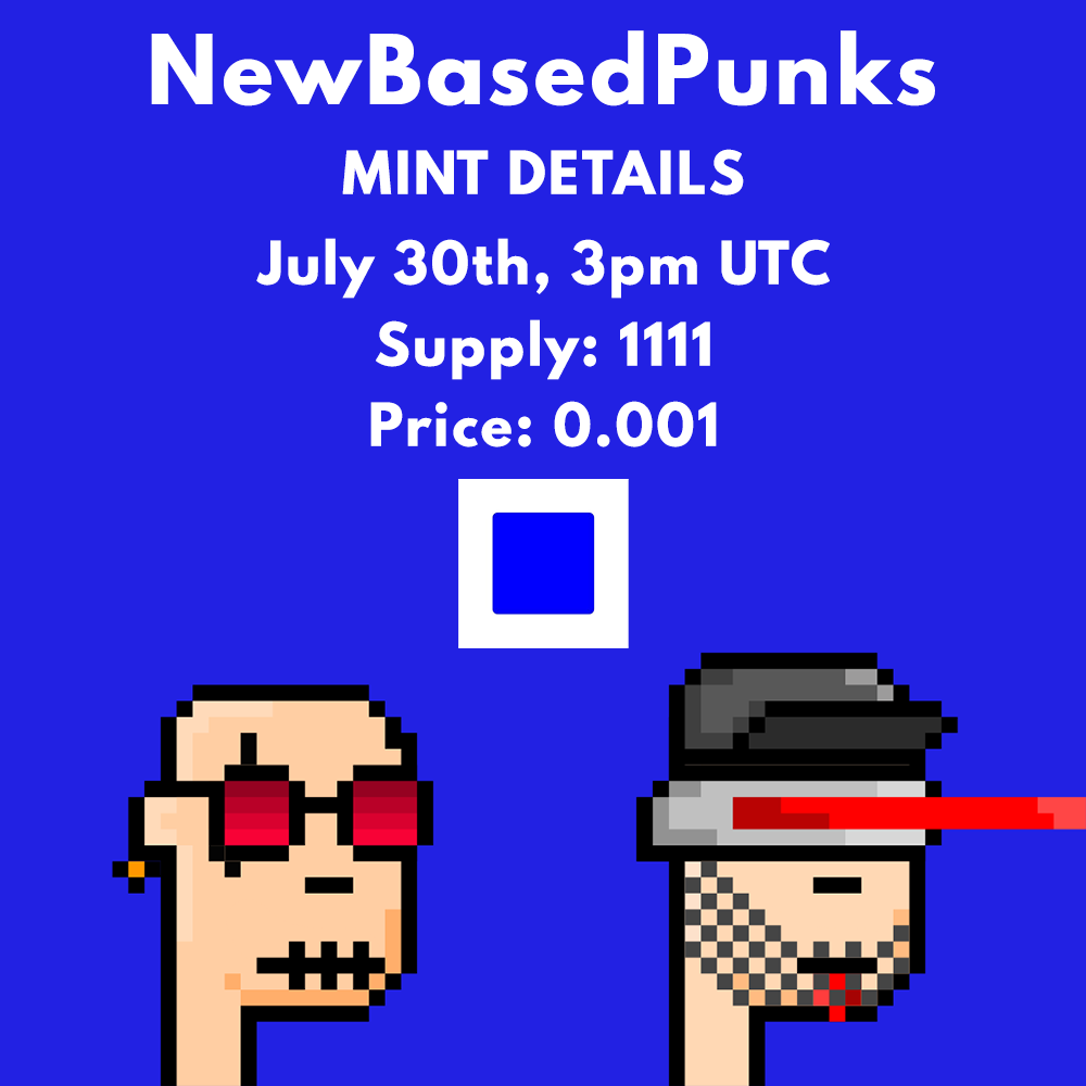 Ready to experience new <a href="/base/">Base</a> with punks?

Here is the mint details 💙

Mint Date: July 30th, 3pm UTC
Supply: 1111
WL Price: 0.001 ETH on Base
Official Partner: OpenSea (mint link: TBA)

Drop your BASE wallet 👇