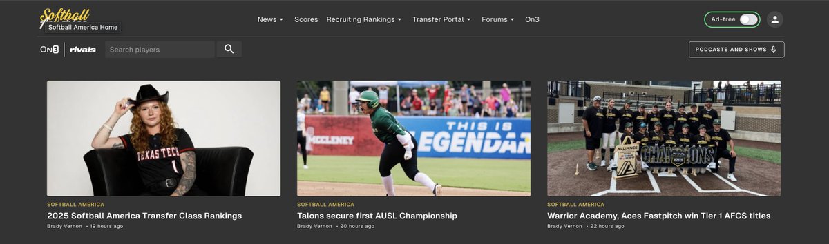 Brady (@bradyvernon) on Twitter photo When we say we try to cover every level, we really do mean it. Very cool to see the <a href="/SoftbalAmerica/">Softball America</a> homepage with travel, college and pro content in July.
on3.com/softball/ When we say we try to cover every level, we really do mean it. Very cool to see the <a href="/SoftbalAmerica/">Softball America</a> homepage with travel, college and pro content in July.
on3.com/softball/