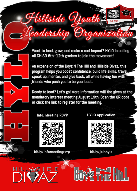 Calling all CHISD 6th–12th graders! Ready to make a difference? Join the Hillside Youth Leadership Organization (HYLO) an empowering program built to boost your confidence &amp; leadership skills.

Mandatory Meeting: Aug. 19
🔗 bit.ly/infomeetingrsvp
🔗 bit.ly/joinhylo