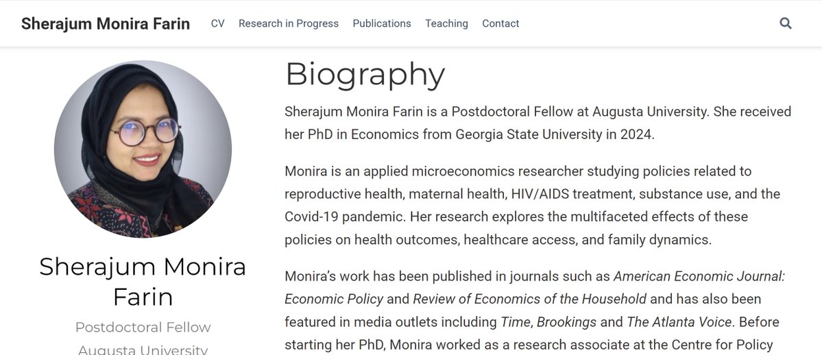 Jessica Leight (@leightjessica) on Twitter photo Today's cool young researcher #econtwitter #econsky is <a href="/monira_smf/">Sherajum Monira Farin</a> <a href="/AUG_SPH/">AUG - School of Public Health</a> <a href="/AUG_University/">Augusta University</a> who works on topics related to gender + health, both in the the developing world + in the U.S. Today's cool young researcher #econtwitter #econsky is <a href="/monira_smf/">Sherajum Monira Farin</a> <a href="/AUG_SPH/">AUG - School of Public Health</a> <a href="/AUG_University/">Augusta University</a> who works on topics related to gender + health, both in the the developing world + in the U.S.