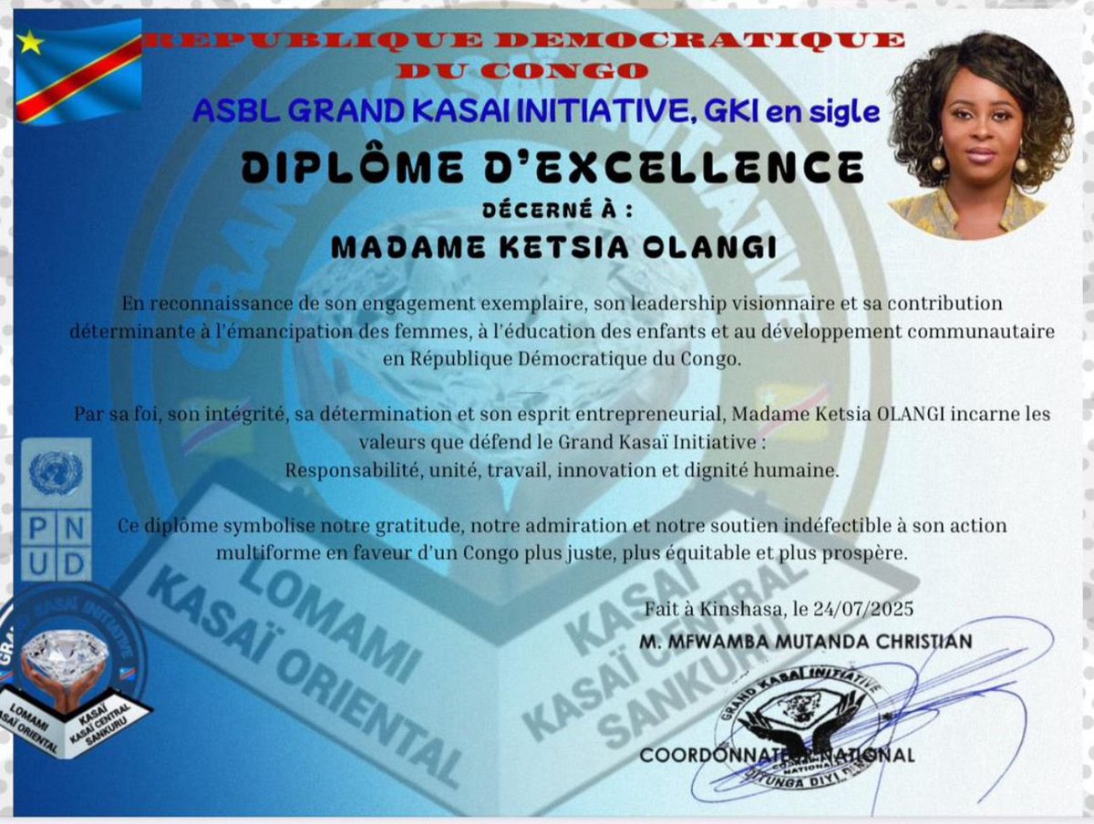 HONNEUR &amp; RECONNAISSANCE

L’ASBL Grand Kasaï Initiative a décerné le Diplôme d’Excellence à Madame Ketsia OLANGI pour son leadership visionnaire, son engagement pour l’émancipation des femmes, l’éducation et le développement communautaire en RDC.

À travers la <a href="/NehemaF_/">Fondation Nehema</a>, qu’elle