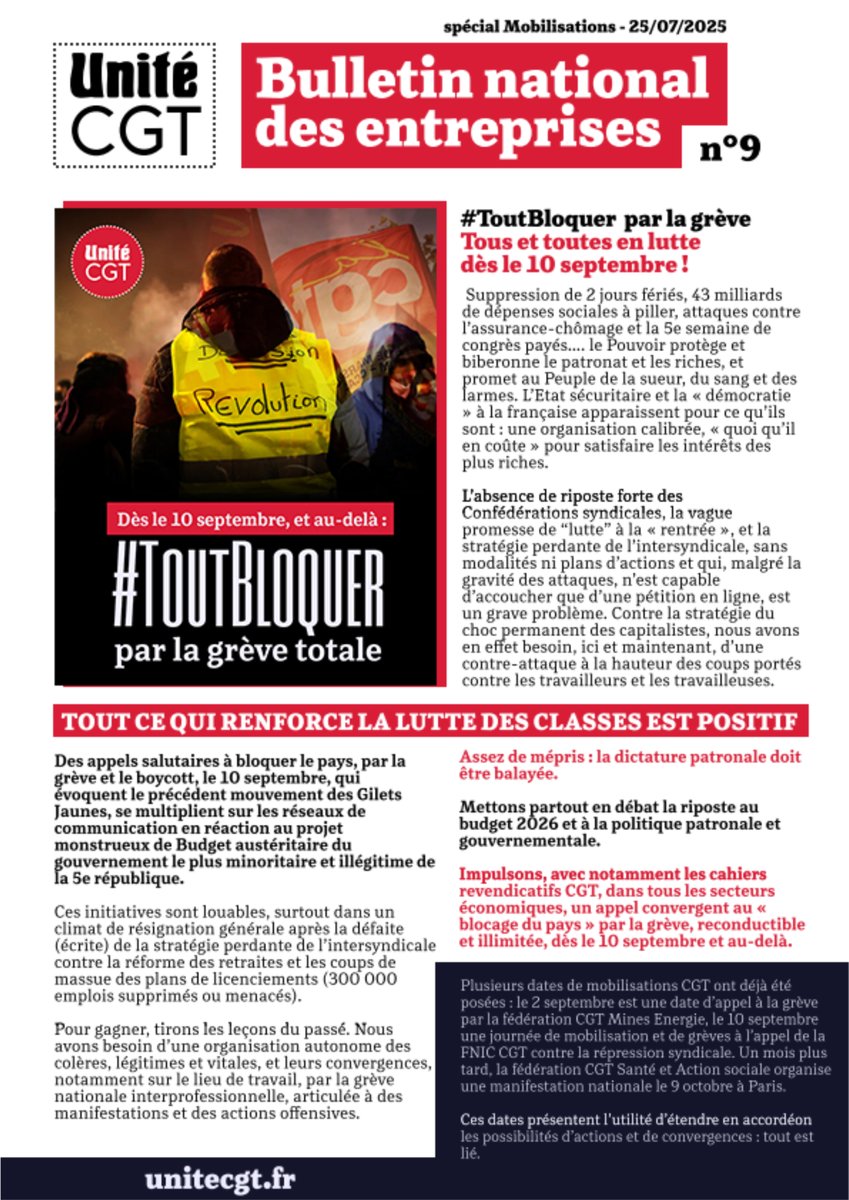 ✊ 𝐁𝐔𝐋𝐋𝐄𝐓𝐈𝐍 𝐍𝐀𝐓𝐈𝐎𝐍𝐀𝐋 𝐃𝐄𝐒 𝐄𝐍𝐓𝐑𝐄𝐏𝐑𝐈𝐒𝐄𝐒 𝐍°𝟗

🔴 Ce bulletin spécial Mobilisations est téléchargeable sur notre site internet !

Partageons, diffusons, organisons nous partout pour, "dès le #10septembre et au-delà", #ToutBloquer par la grève !