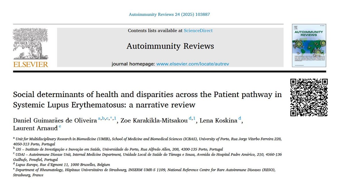 Lupus Europe (@lupuseurope) on Twitter photo 📢 New in Aut Rev!
Together with <a href="/G_O_Daniel/">Daniel G. Oliveira</a> & <a href="/Lupusreference/">Laurent ARNAUD</a>, we have reviewed 10 years of studies on SDH in #SLE.
This narrative review maps disparities across the patient pathway and offers solutions at each step. From first symptoms to outcomes
sciencedirect.com/science/articl… 📢 New in Aut Rev!
Together with <a href="/G_O_Daniel/">Daniel G. Oliveira</a> & <a href="/Lupusreference/">Laurent ARNAUD</a>, we have reviewed 10 years of studies on SDH in #SLE.
This narrative review maps disparities across the patient pathway and offers solutions at each step. From first symptoms to outcomes
sciencedirect.com/science/articl…