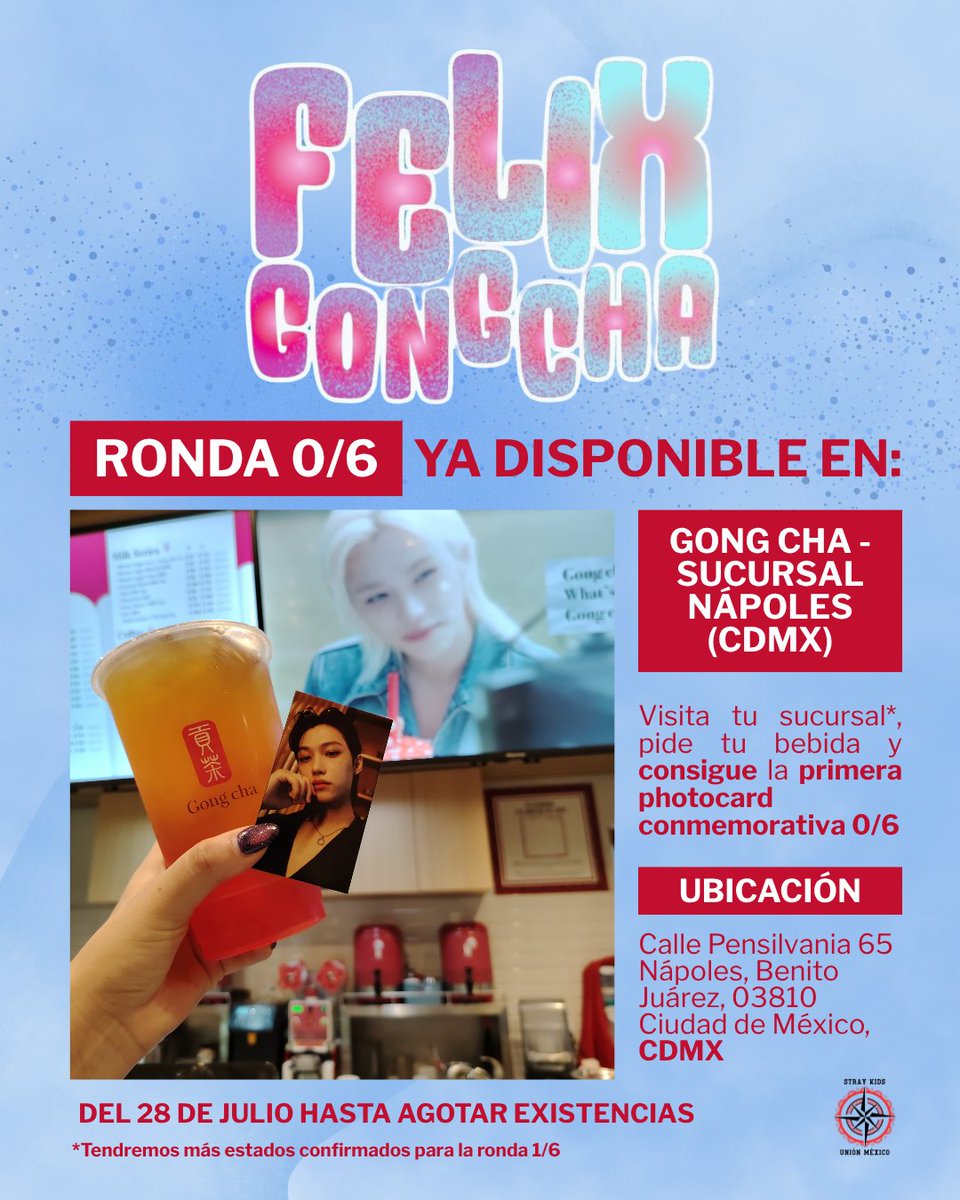 SKZunionMexico's tweet photo. ✨ ¡STAYs de CDMX!  ¡Primera parada confirmada! 🎉
Pide una de las 5 bebidas de la campaña con Felix en Sucursal Nápoles y consigue tu photocard conmemorativa 💿📸
📍 Ubicación:
Calle Pensilvania 65, Nápoles, Benito Juárez, CDMX
🗓 Desde el 28 de julio hasta agotar existencias https://t.co/feUiZO8Uk6
