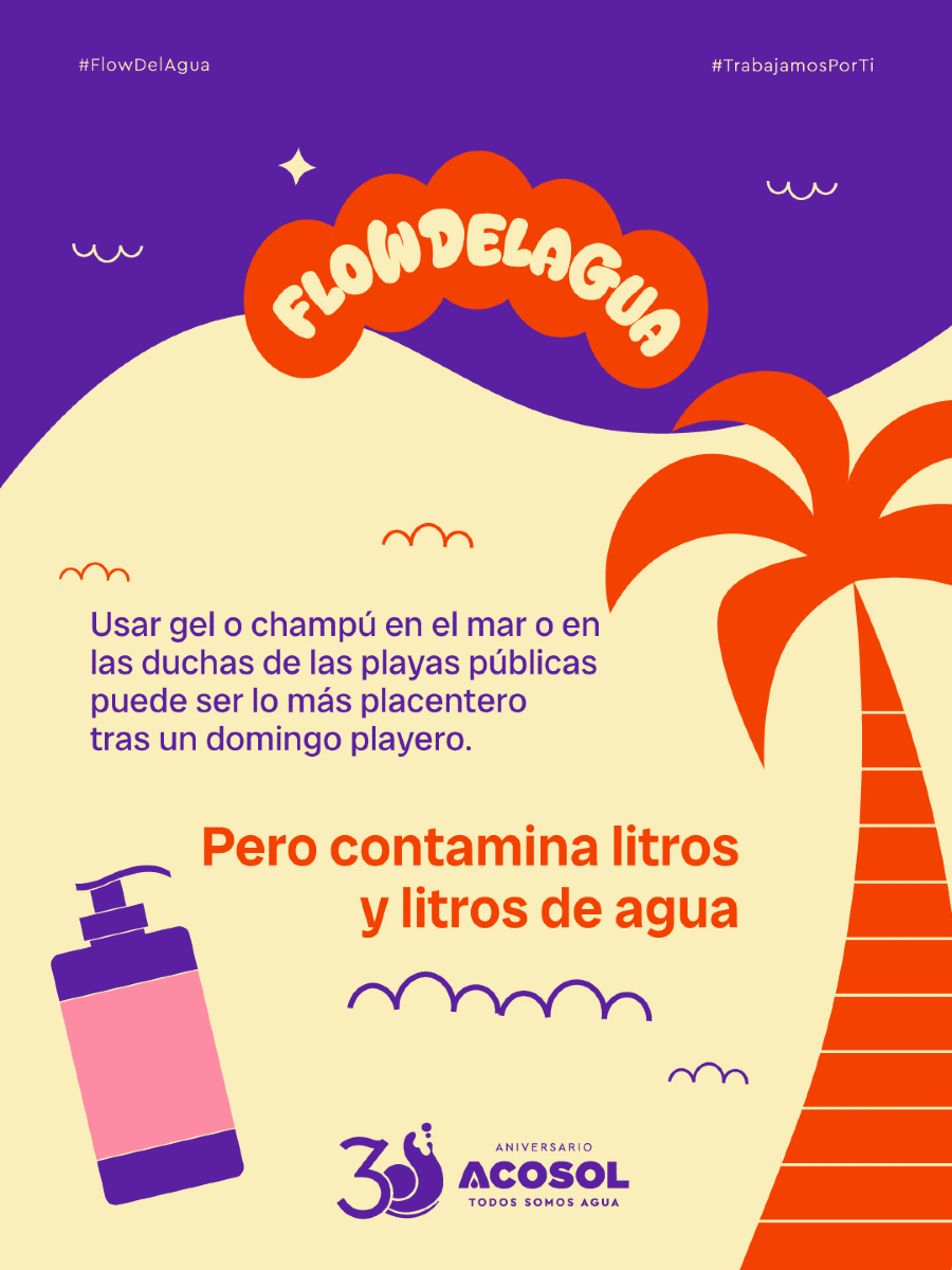 ¡No rompas el #FlowDelAgua!
 🧼❌ El gel y el champú contaminan el mar y sus duchas.
😊Disfruta tu día y el bienestar, pero con conciencia.
¡Protege nuestro mar!