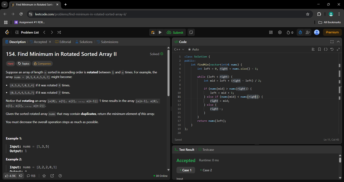 _a_m_i_t_1's tweet photo. Day 393 of #400DaysOfCode

Find Minimum in Rotated Sorted Array II. Solved using binary search. https://t.co/C7EvOOijr8