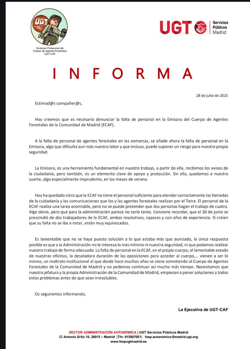 📢 Hoy denunciamos la falta de personal en la Emisora de Agentes Forestales de la Comunidad de Madrid, una herramienta fundamental para nuestro trabajo y nuestra seguridad‼️