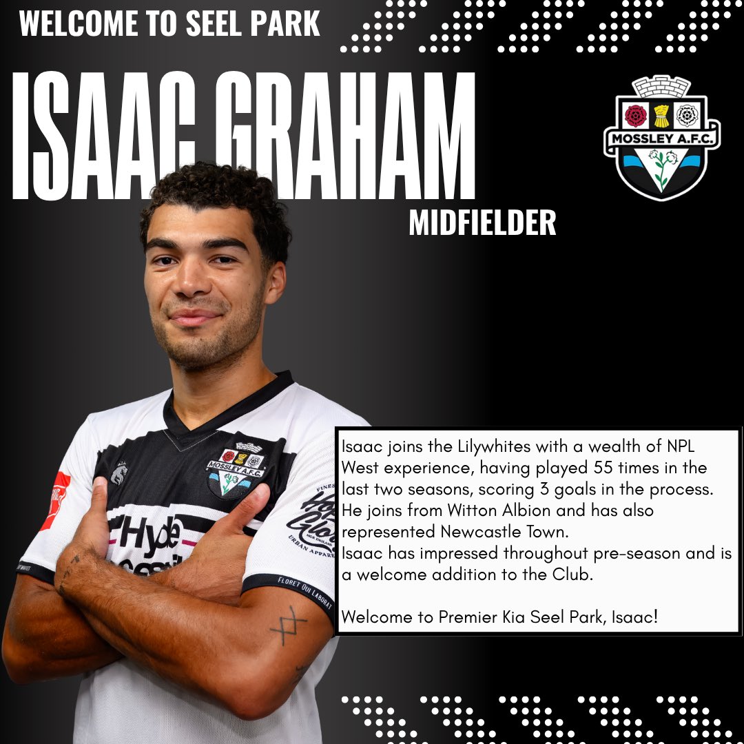 MossleyAFC's tweet image. 𝙂𝙧𝙖𝙝𝙖𝙢 𝙞𝙨 𝙖 𝙇𝙞𝙡𝙮𝙬𝙝𝙞𝙩𝙚!
We’re delighted to tell you that Isaac Graham is a Lilywhite after some impressive performances during pre-season.
Welcome to Premier Kia Seel Park, Isaac!
⚪️⚫️