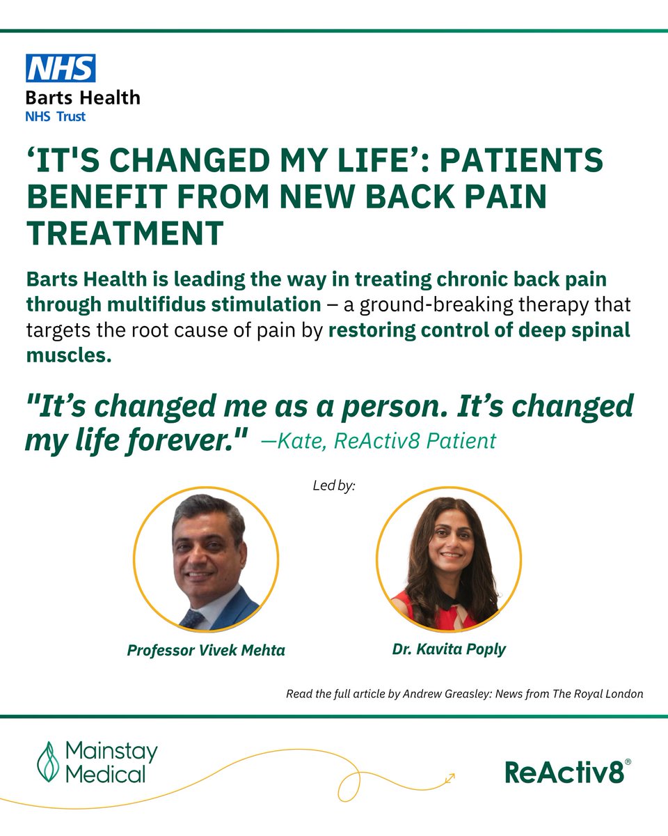 Mainstay Medical (@mainstaymedical) on Twitter photo Incredible feature from <a href="/NHSBartsHealth/">Barts Health</a> highlighting how #ReActiv8 is helping patients restore function and find relief from mechanical #chroniclowbackpain. We are proud to see ReActiv8 making a real impact in the lives of patients all over the world.
🔗eu1.hubs.ly/H0l-hYG0 Incredible feature from <a href="/NHSBartsHealth/">Barts Health</a> highlighting how #ReActiv8 is helping patients restore function and find relief from mechanical #chroniclowbackpain. We are proud to see ReActiv8 making a real impact in the lives of patients all over the world.
🔗eu1.hubs.ly/H0l-hYG0