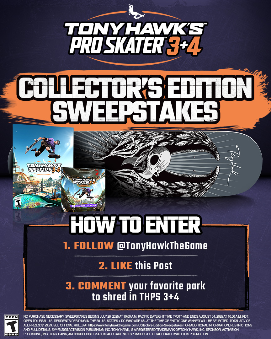 Tony Hawk's Pro Skater (@tonyhawkthegame) on Twitter photo 🚨GIVEAWAY ALERT🚨 Enter for a chance to win a #THPS 3+4 Collector's Edition! To enter:
🤘 Follow <a href="/TonyHawkTheGame/">Tony Hawk's Pro Skater</a>
🤘 Like this post
🤘 Comment your favorite park to shred in #THPS 3+4!
ms.spr.ly/6011sHVLl 🚨GIVEAWAY ALERT🚨 Enter for a chance to win a #THPS 3+4 Collector's Edition! To enter:
🤘 Follow <a href="/TonyHawkTheGame/">Tony Hawk's Pro Skater</a>
🤘 Like this post
🤘 Comment your favorite park to shred in #THPS 3+4!
ms.spr.ly/6011sHVLl