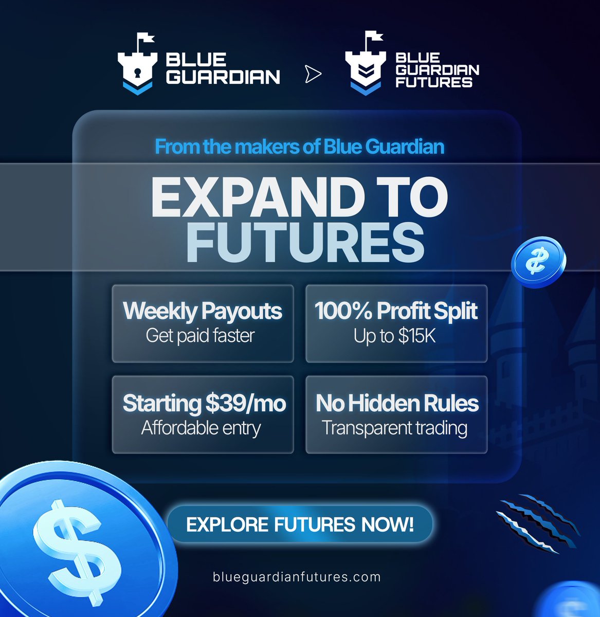 BlueGuardiancom's tweet image. Did you know? π€
Blue Guardian also offers futures at @GuardianFutures
Enjoy one of the best futures experiences in the industry, powered by Blue Guardian
Learn more at blueguardianfutures.com