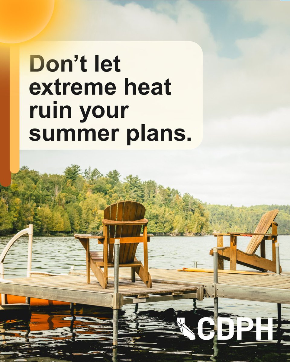 Fun summer plans? ☀️😎 Beat the heat:
👉 Check the heat forecast
👉 Do outdoor activities during the coolest parts of the day
👉 Stay in cool or air-conditioned places
👉 Drink lots of water
👉 Check in on loved ones

📲 Visit: heatready.ca.gov
#ExtremeHeat #BeatTheHeat