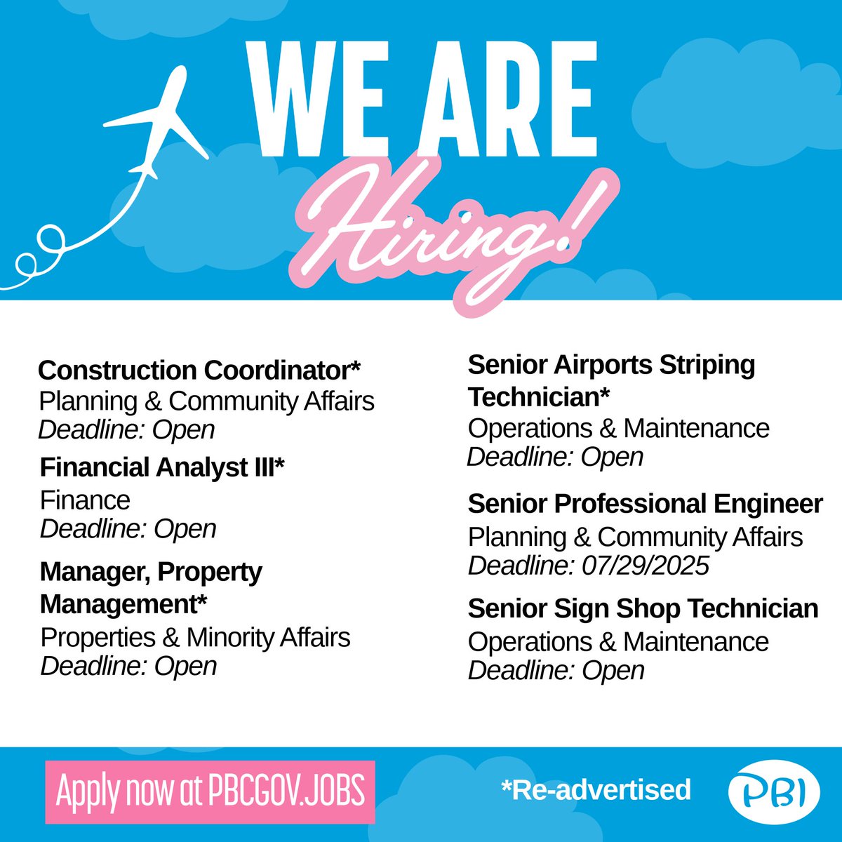JOIN OUR TEAM! 

Your airport career starts here! 

Explore exciting opportunities and apply today: pbcgov.jobs