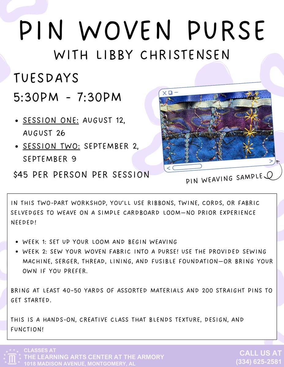 montgcitypandr's tweet image. It&apos;s always fun to make your own accessories. This unique class teaches you all about making pin woven purses. 

For more information or to register, please reach out to 334-625-2581!

#mymgm #funinmgm #LearningArtsCenter