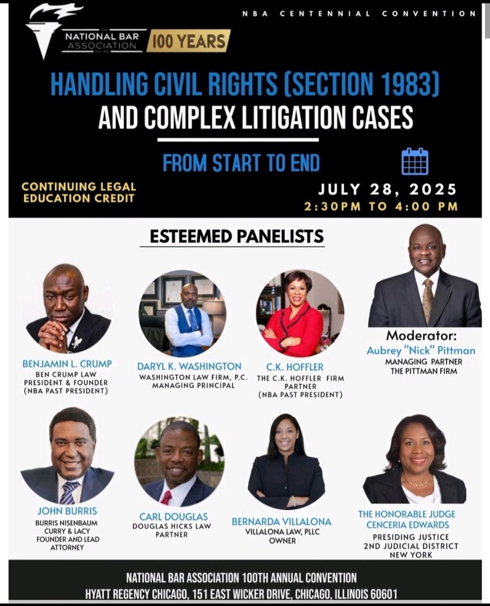The National Bar Association is celebrating 100 years. I’m honored to join this esteemed panel in providing tools on handling civil rights &amp; complex litigation cases.