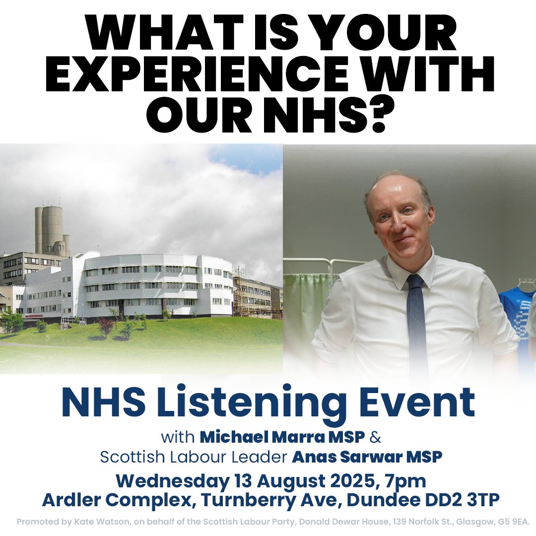 Michael Marra MSP (@michaeljmarra) on Twitter photo I am hosting a public NHS listening event here in Dundee. We will be joined by Scottish Labour Leader Anas Sarwar MSP.
It is an informal and free event to allow people across the city to express their views on how our NHS can be improved.
Tickets below. I am hosting a public NHS listening event here in Dundee. We will be joined by Scottish Labour Leader Anas Sarwar MSP.
It is an informal and free event to allow people across the city to express their views on how our NHS can be improved.
Tickets below.