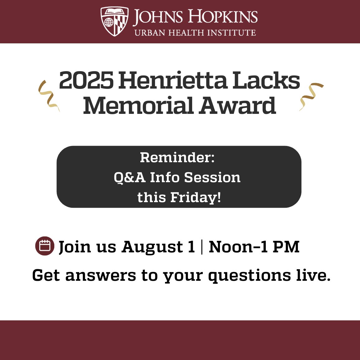 Still have questions about the 2025 Henrietta Lacks Memorial Award❓
Join us 🗓️ Friday, August 1, from Noon–1 PM for a quick Q&amp;A information session. We’ll cover eligibility, the nomination process, and more.
Register 🔗 loom.ly/4KQZvD0
Don’t miss it!