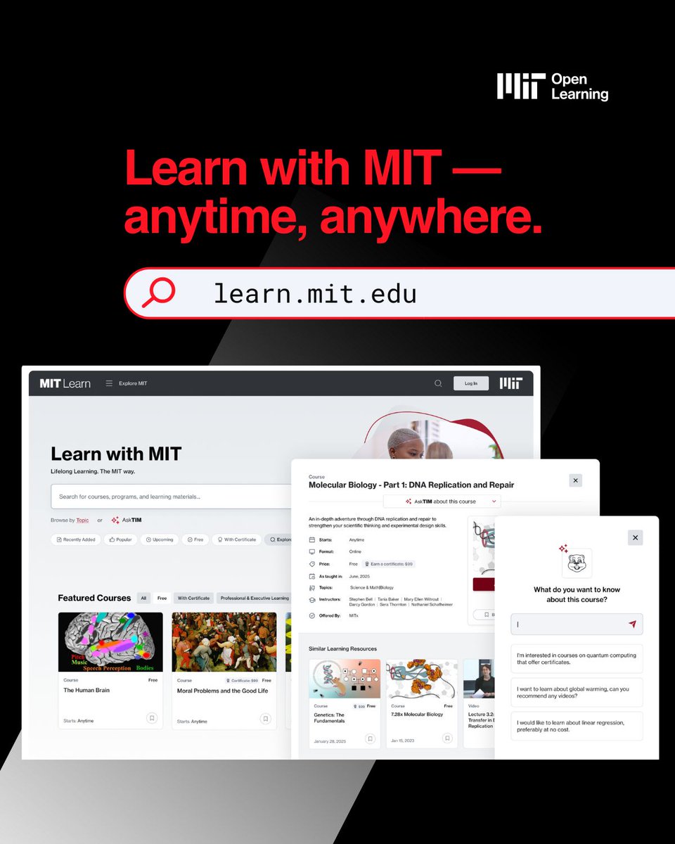 Exploring <a href="/MIT/">Massachusetts Institute of Technology (MIT)</a>’s non-degree learning resources has never been easier! MIT Learn offers 12.7k+ educational resources from @mitocw, <a href="/MITxCourses/">MITx Courses</a>, <a href="/MITxPRO/">MIT xPRO</a>, <a href="/MITSloanExecEd/">MIT Sloan Executive Education</a>, <a href="/MITProfessional/">MIT Professional Ed</a>, and more — all in one place.

Discover all of MIT Learn’s features: bit.ly/470Gw7t