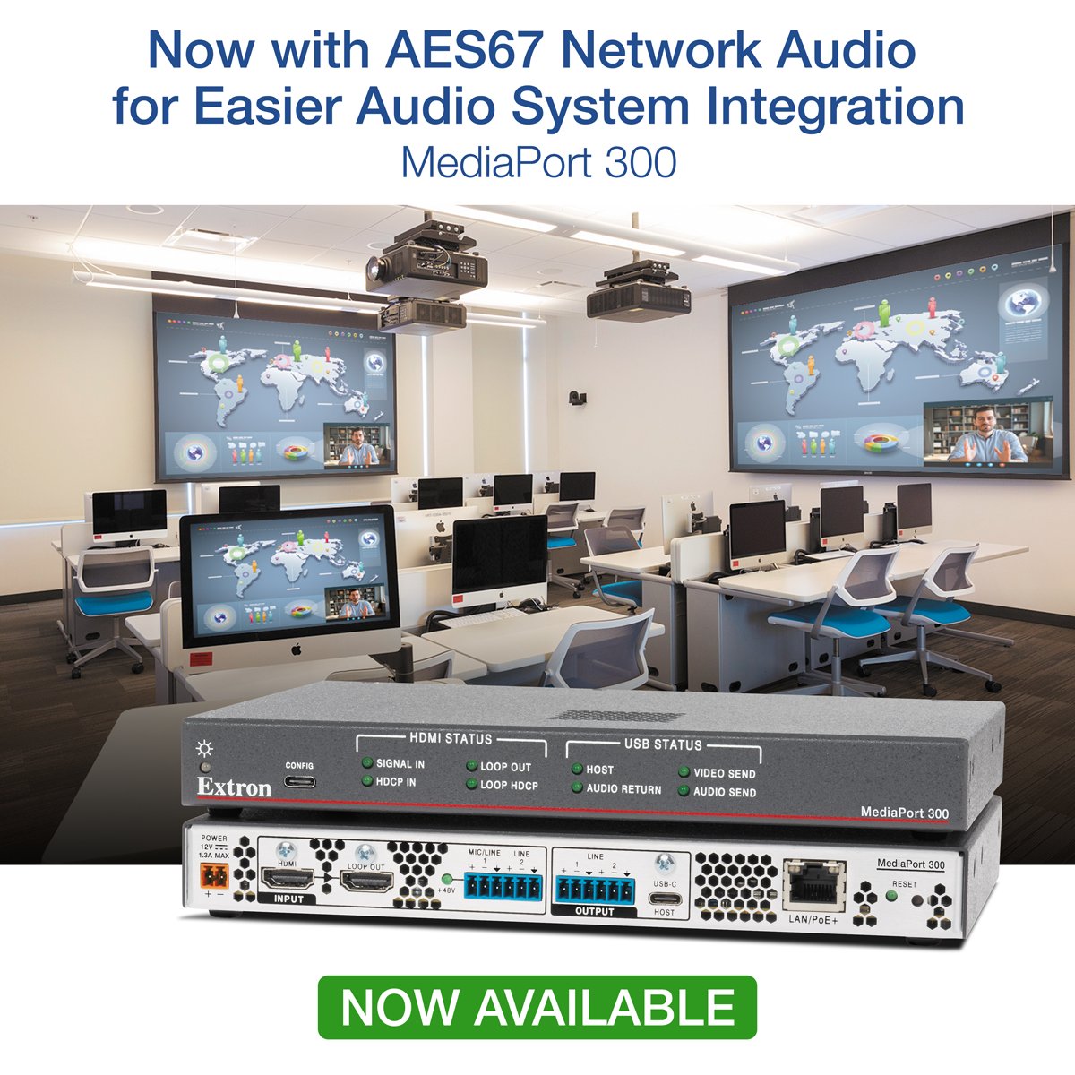 Extron's tweet image. Did you know that our popular MediaPort 300, 4K HDMI and Audio to USB Scaling Bridge, now features support for AES67 audio?

Download the latest free firmware to enable support for two AES67 inputs and outputs, allowing seamless connection to Dante and AES67 microphones,…