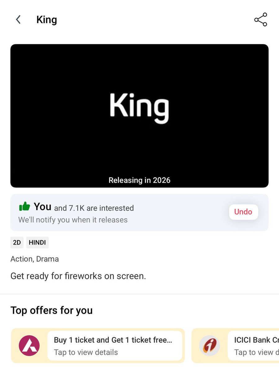 GSwami0011's tweet image. Bina kisi official announcement ke sirf 10 ghante me mute diya Salode ke most anticipated movie pe 😂😂

7.1k BMS interests for #King 🔥🔥🔥🔥