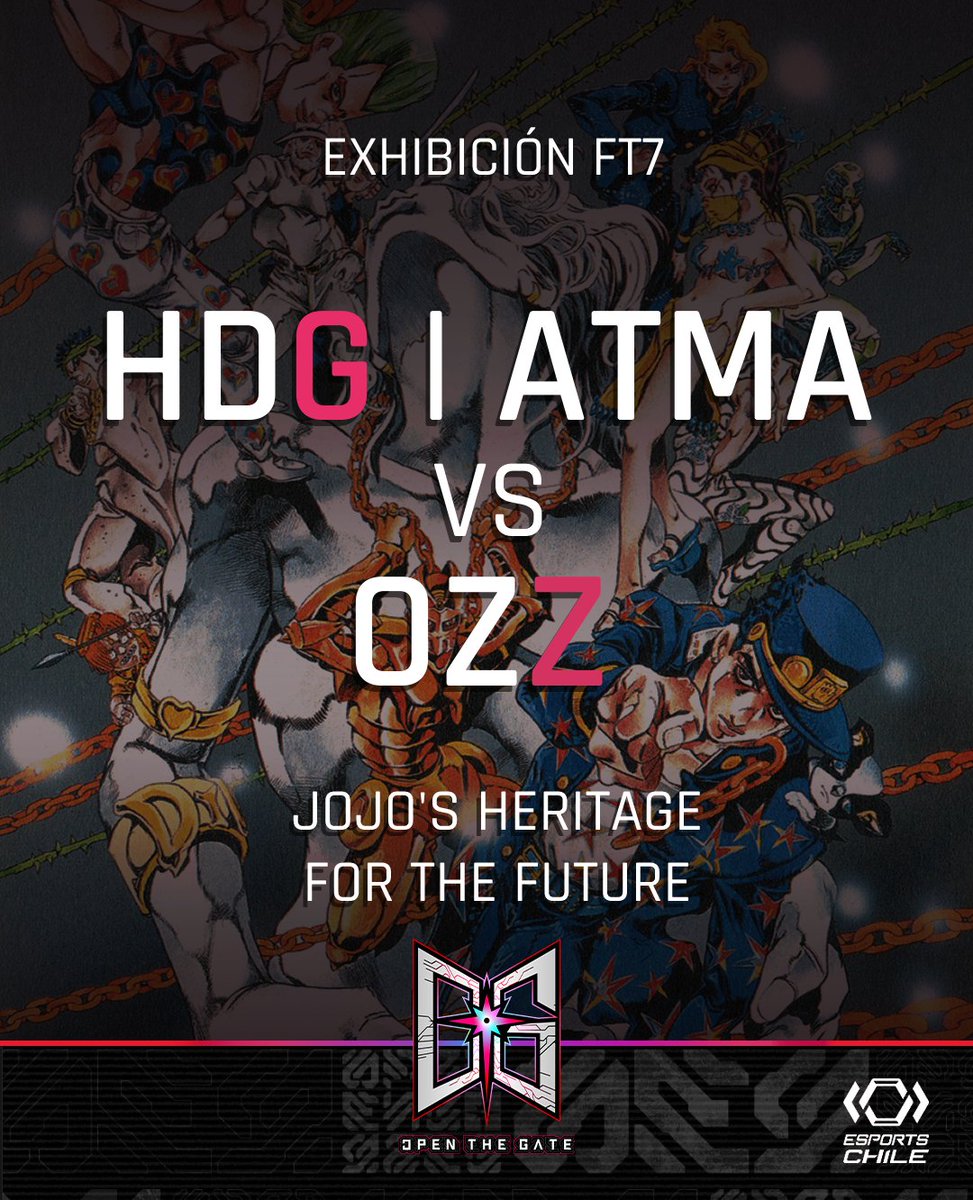 [EXHIBICIÓN] 

La primera exhibición del evento será entre <a href="/AtmaCL_/">Atma_</a> y <a href="/OZzuFito/">Ozz</a> en Jojo's Heritage for the future!! está será realizada antes del top 8 de Guilty Gear Strive, y también será el rematch de la exhibición que tuvieron hace unos años!!