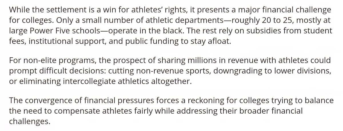 NILnotNLI's tweet image. NCAA colleges and universities face a perfect storm of financial challenges, including the enrollment cliff, reduced federal funding, vulnerable revenue streams, and the recent House settlement (by @TempleLaw Professor Ken Jacobsen in @BLaw)
news.bloomberglaw.com/ip-law/ncaa-st…