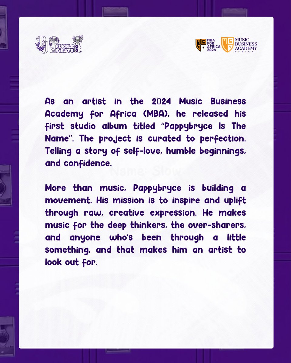 Purple Jazz Music 💜 (@purplejazzmusic) on Twitter photo From the recently concluded artiste cohort at <a href="/mbaforafrica/">Music Business Academy For Africa.</a>, our #Brkoutspotlight today is on <a href="/Pappybryce/">Pappybryce</a> 💜
#Purplefiesta From the recently concluded artiste cohort at <a href="/mbaforafrica/">Music Business Academy For Africa.</a>, our #Brkoutspotlight today is on <a href="/Pappybryce/">Pappybryce</a> 💜
#Purplefiesta