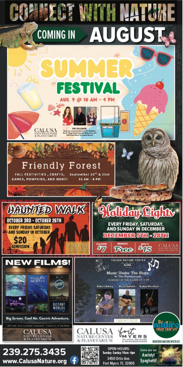 We’re having fun all year at Calusa Nature Center! 🎉

🌞 Summer Fest – Aug 9
🎃 Friendly Forest – Sept 20
👻 Haunted Walk – Oct weekends
✨ Holiday Lights – Dec
Trails, butterflies, gators, Spaghetti the axolotl &amp; more!
📍 calusanature.org